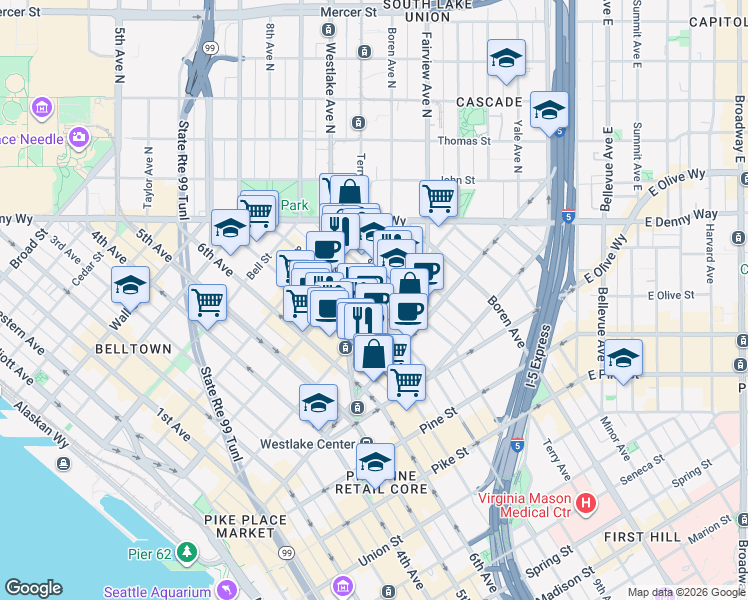 map of restaurants, bars, coffee shops, grocery stores, and more near 810 Virginia Street in Seattle