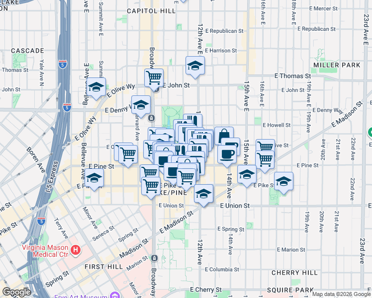 map of restaurants, bars, coffee shops, grocery stores, and more near 1640 11th Avenue in Seattle