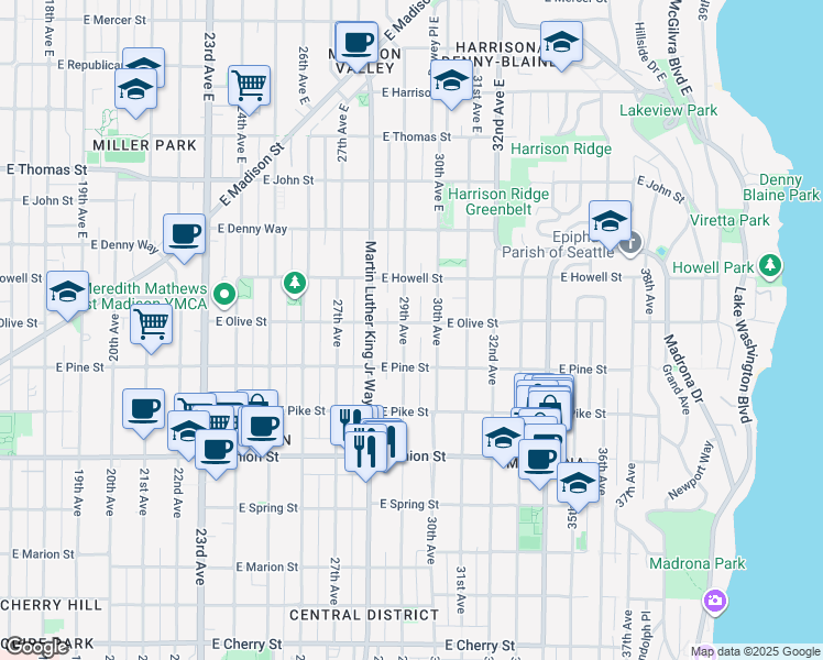 map of restaurants, bars, coffee shops, grocery stores, and more near 2905 East Olive Street in Seattle