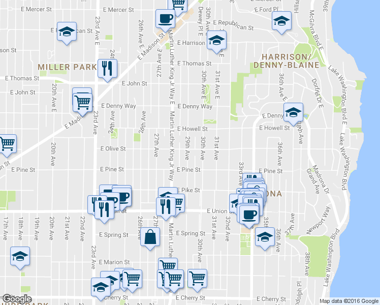 map of restaurants, bars, coffee shops, grocery stores, and more near 2905 East Olive Street in Seattle