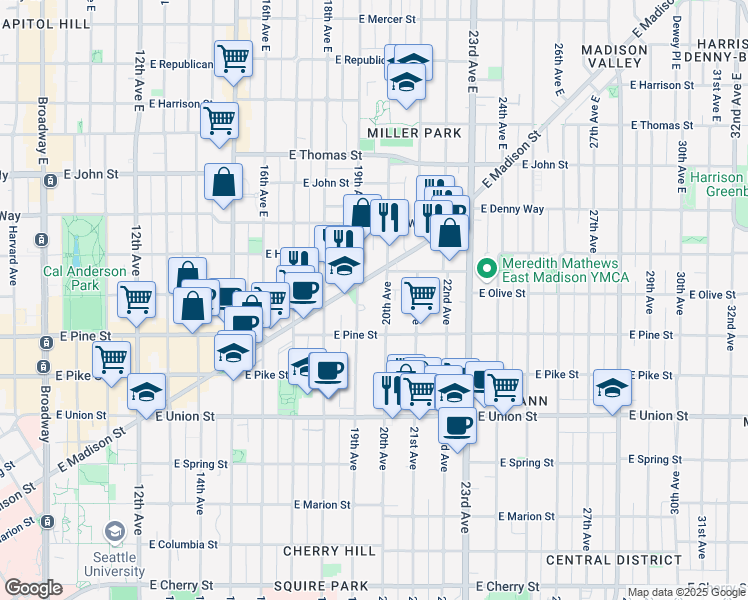 map of restaurants, bars, coffee shops, grocery stores, and more near 1634 19th Avenue in Seattle