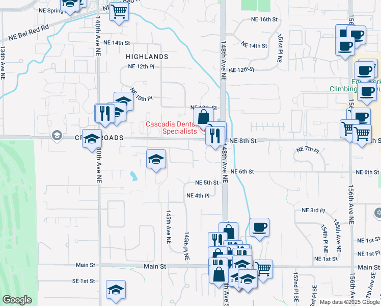 map of restaurants, bars, coffee shops, grocery stores, and more near 14518 Northeast 6th Place in Bellevue