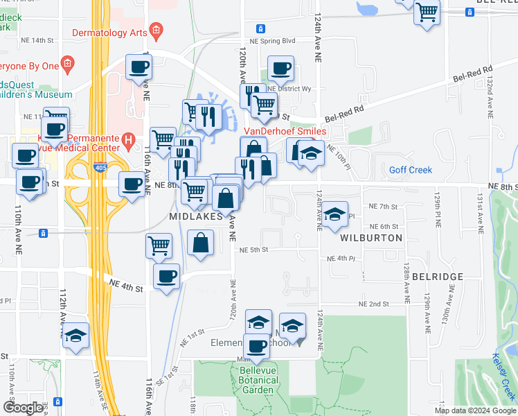 map of restaurants, bars, coffee shops, grocery stores, and more near 632 122nd Avenue Northeast in Bellevue