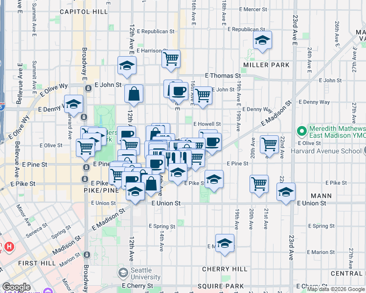 map of restaurants, bars, coffee shops, grocery stores, and more near in Seattle