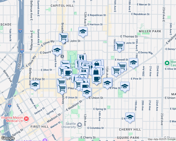 map of restaurants, bars, coffee shops, grocery stores, and more near 1625 13th Avenue in Seattle