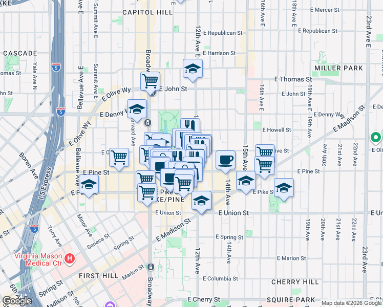 map of restaurants, bars, coffee shops, grocery stores, and more near in Seattle
