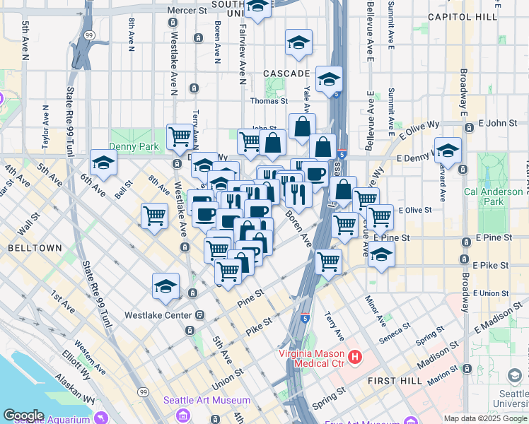 map of restaurants, bars, coffee shops, grocery stores, and more near in Seattle