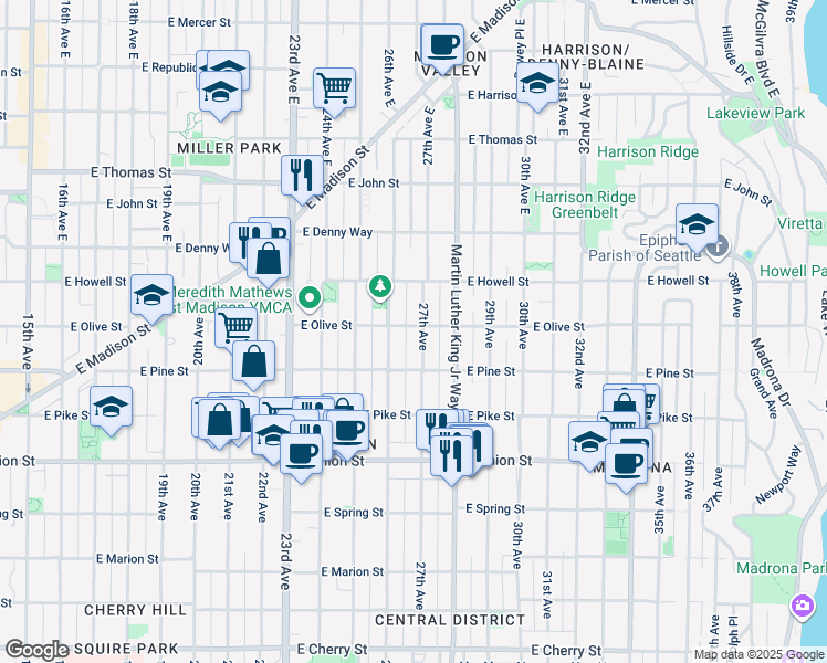 map of restaurants, bars, coffee shops, grocery stores, and more near 1633 27th Avenue in Seattle
