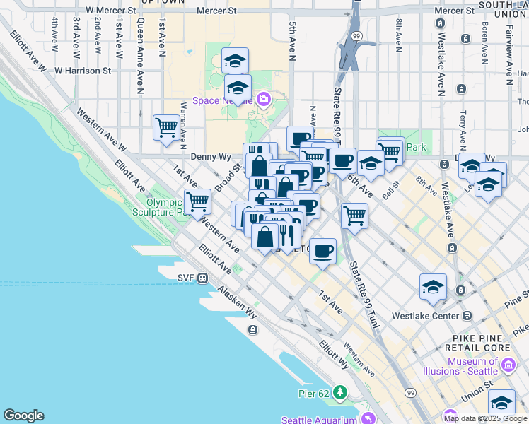 map of restaurants, bars, coffee shops, grocery stores, and more near 2600 2nd Avenue in Seattle