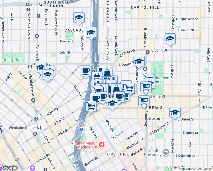 map of restaurants, bars, coffee shops, grocery stores, and more near E Olive St & Bellevue Ave in Seattle