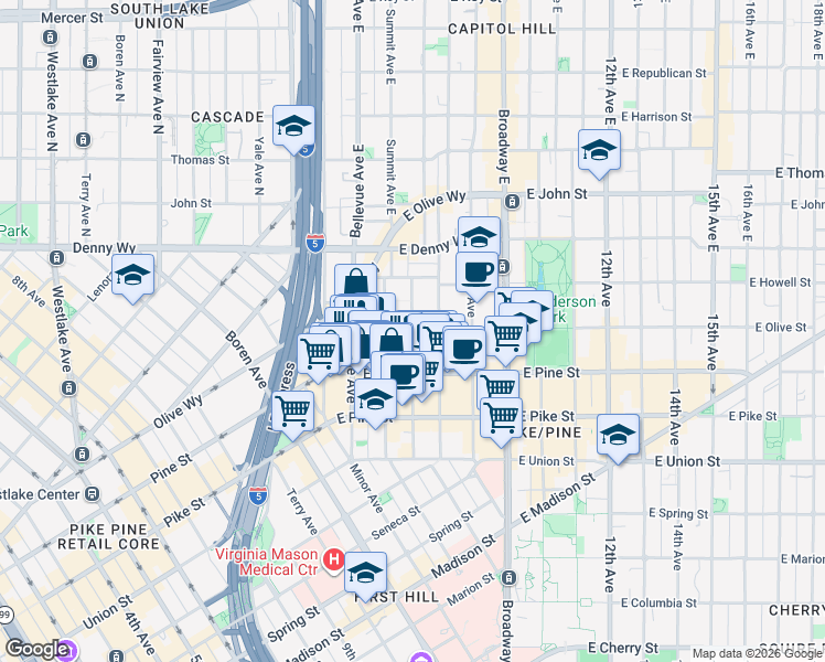 map of restaurants, bars, coffee shops, grocery stores, and more near E Olive St & Belmont Ave in Seattle