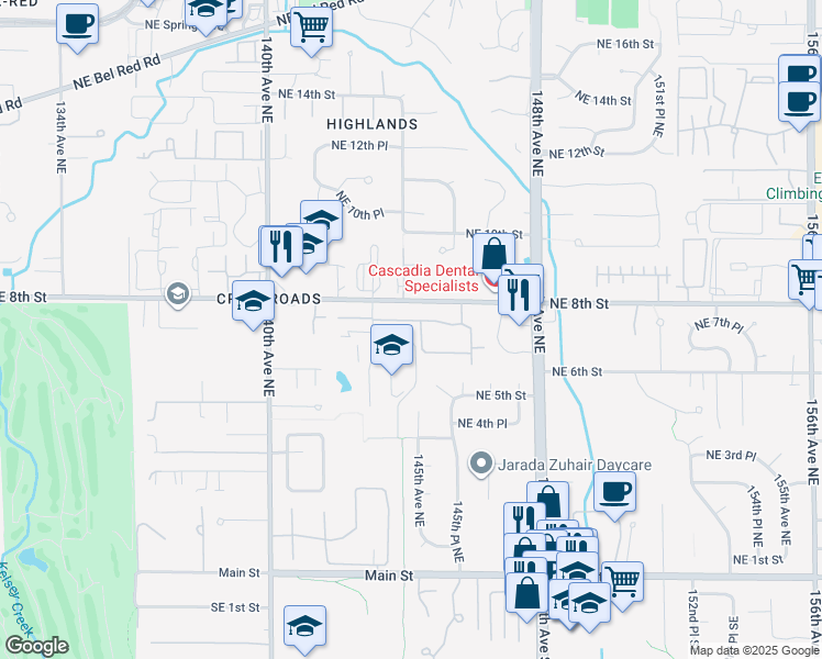 map of restaurants, bars, coffee shops, grocery stores, and more near 14321 Northeast 7th Place in Bellevue