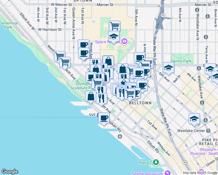 map of restaurants, bars, coffee shops, grocery stores, and more near 1st Avenue & Clay Street in Seattle