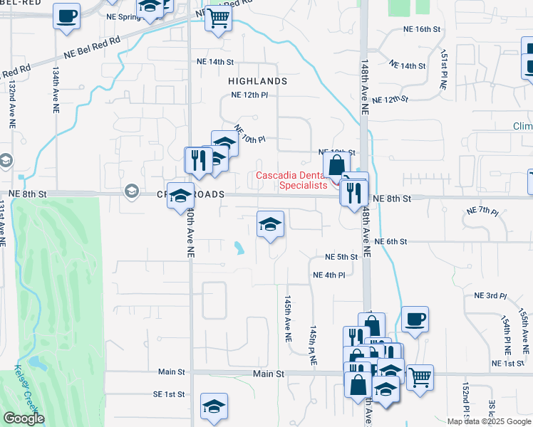 map of restaurants, bars, coffee shops, grocery stores, and more near 601 143rd Avenue Northeast in Bellevue