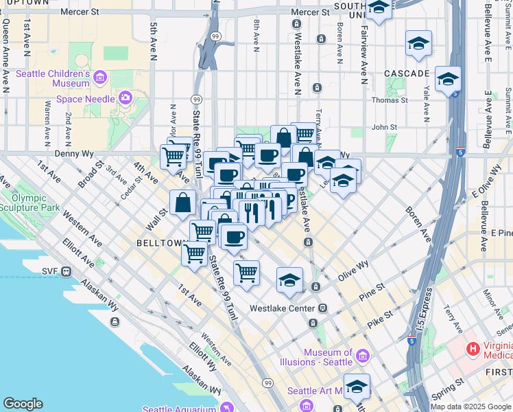 map of restaurants, bars, coffee shops, grocery stores, and more near 2200 5th Avenue in Seattle