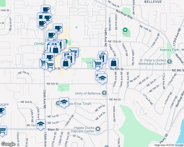 map of restaurants, bars, coffee shops, grocery stores, and more near 16060 Northeast 6th Street in Bellevue