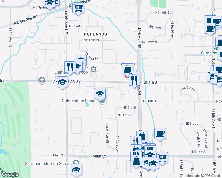 map of restaurants, bars, coffee shops, grocery stores, and more near 14518 Northeast 6th Place in Bellevue