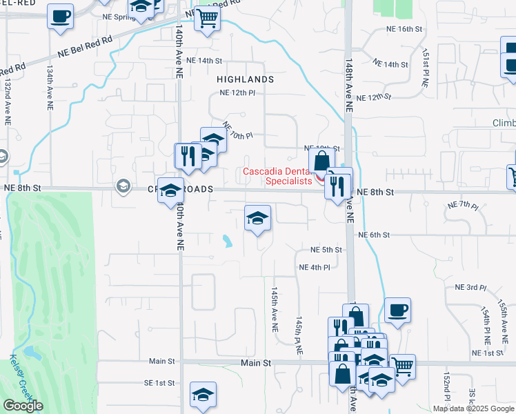map of restaurants, bars, coffee shops, grocery stores, and more near 601 143rd Avenue Northeast in Bellevue