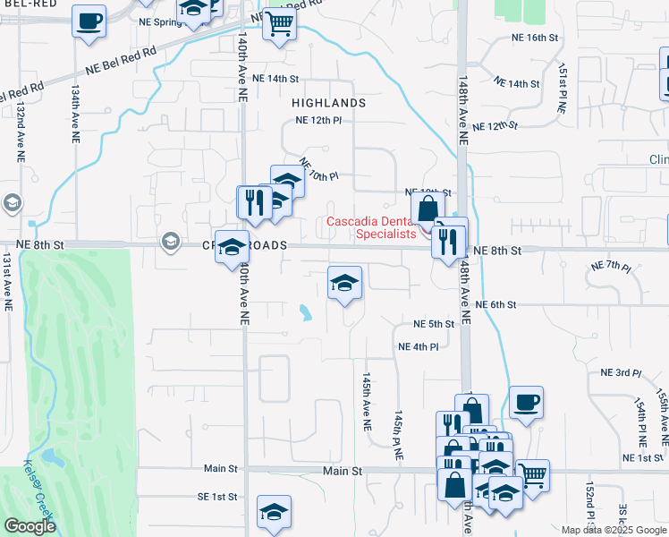 map of restaurants, bars, coffee shops, grocery stores, and more near 601 143rd Avenue Northeast in Bellevue