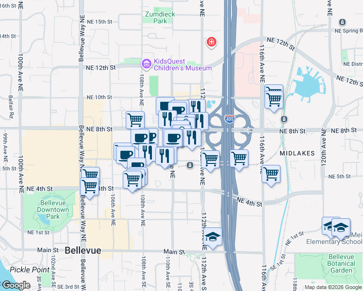 map of restaurants, bars, coffee shops, grocery stores, and more near 700 110th Avenue Northeast in Bellevue