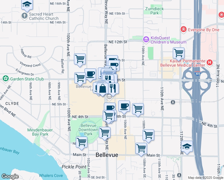 map of restaurants, bars, coffee shops, grocery stores, and more near in Bellevue