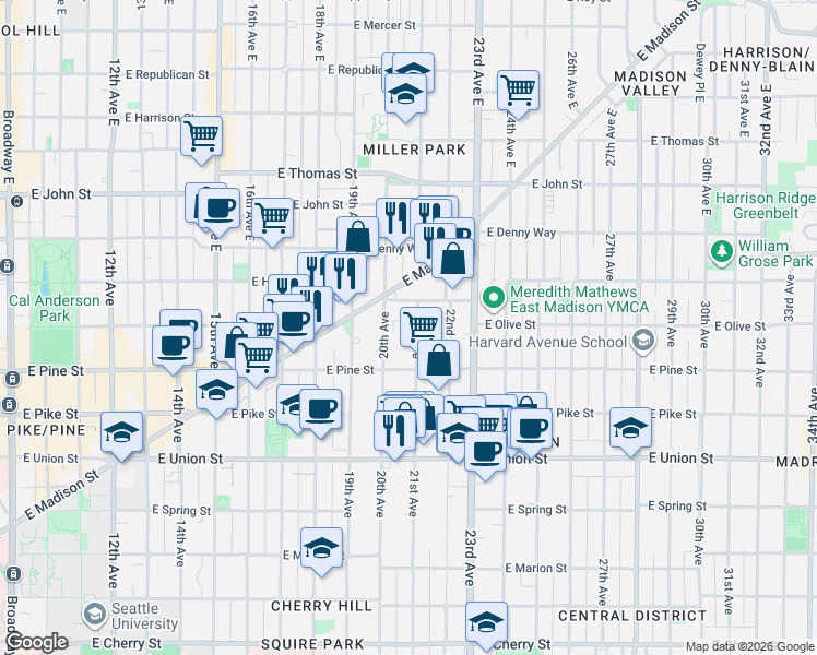 map of restaurants, bars, coffee shops, grocery stores, and more near 1617 21st Avenue East in Seattle