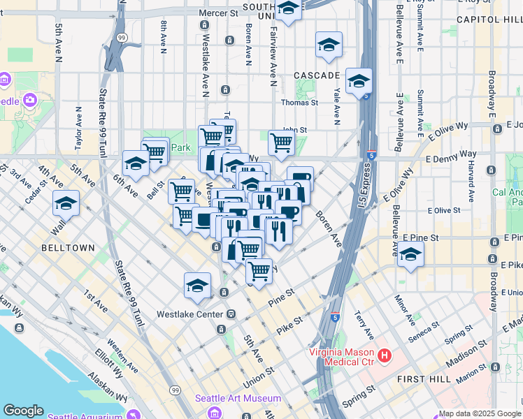 map of restaurants, bars, coffee shops, grocery stores, and more near 1961 9th Avenue in Seattle