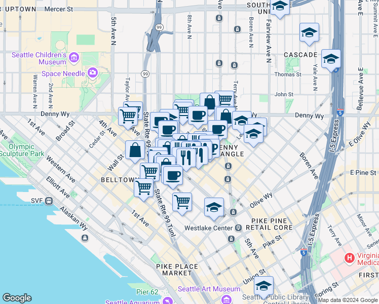 map of restaurants, bars, coffee shops, grocery stores, and more near 2200 5th Avenue in Seattle