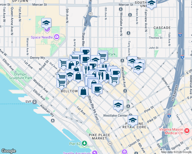 map of restaurants, bars, coffee shops, grocery stores, and more near 2323 6th Avenue in Seattle