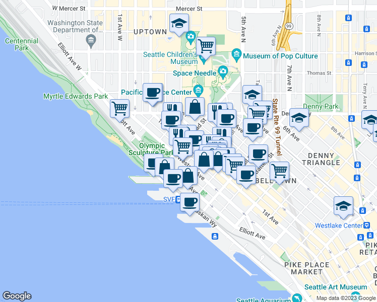 map of restaurants, bars, coffee shops, grocery stores, and more near 81 Clay Street in Seattle