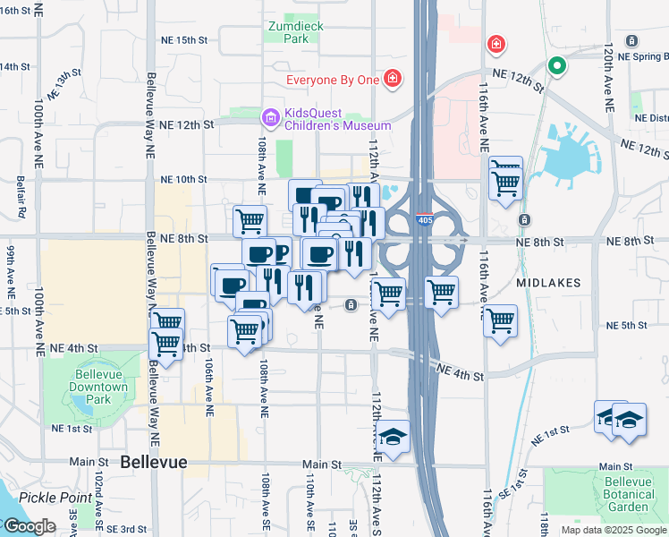 map of restaurants, bars, coffee shops, grocery stores, and more near 700 110th Avenue Northeast in Bellevue