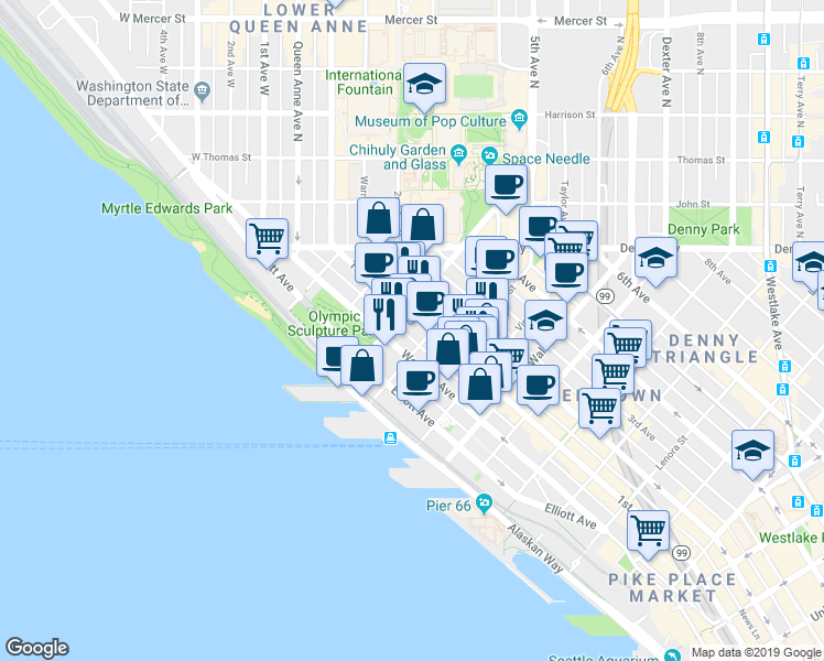 map of restaurants, bars, coffee shops, grocery stores, and more near 2801 1st Avenue in Seattle