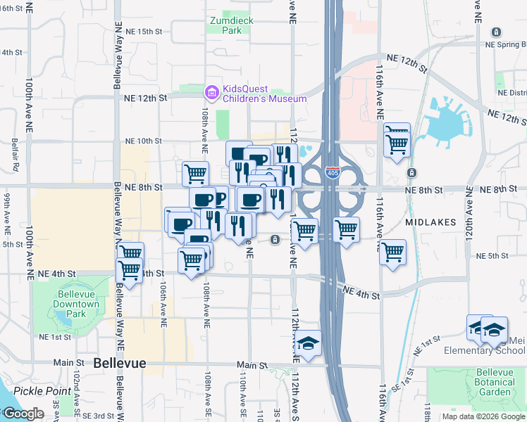 map of restaurants, bars, coffee shops, grocery stores, and more near 700 110th Avenue Northeast in Bellevue