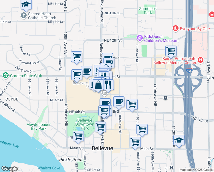 map of restaurants, bars, coffee shops, grocery stores, and more near 604 Bellevue Way Northeast in Bellevue