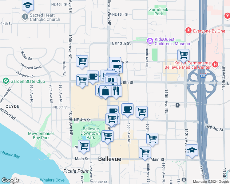 map of restaurants, bars, coffee shops, grocery stores, and more near 604 Bellevue Way Northeast in Bellevue