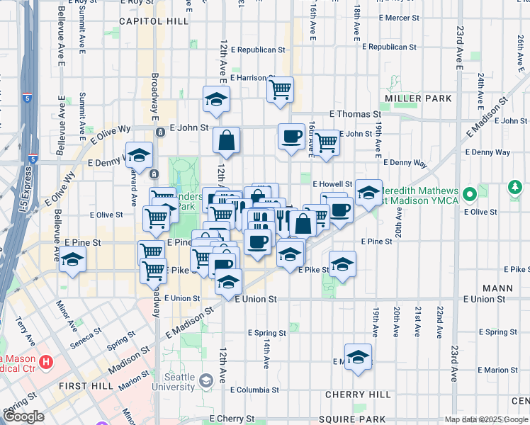 map of restaurants, bars, coffee shops, grocery stores, and more near East Olive Street & 14th Avenue in Seattle