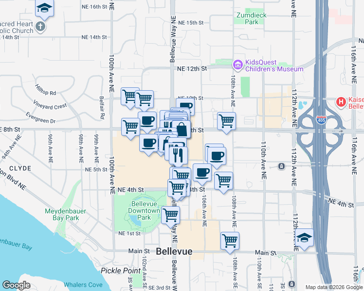 map of restaurants, bars, coffee shops, grocery stores, and more near 650 Bellevue Way Northeast in Bellevue