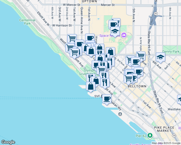 map of restaurants, bars, coffee shops, grocery stores, and more near 2901 Western Avenue in Seattle