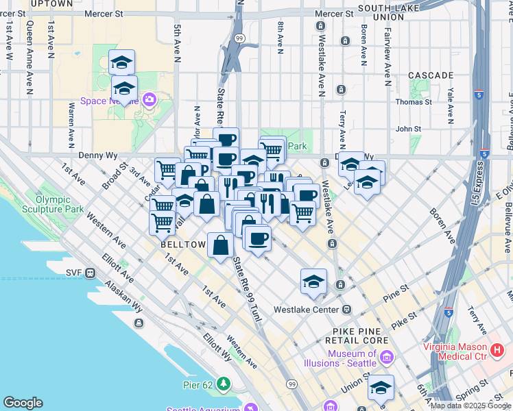 map of restaurants, bars, coffee shops, grocery stores, and more near 588 Bell Street in Seattle