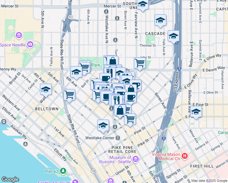 map of restaurants, bars, coffee shops, grocery stores, and more near 762 Virginia Street in Seattle