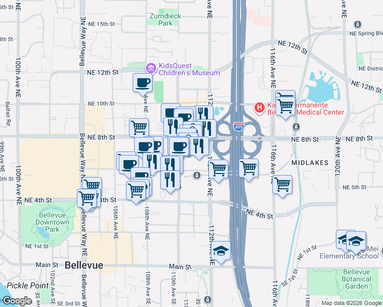 map of restaurants, bars, coffee shops, grocery stores, and more near 700 110th Avenue Northeast in Bellevue