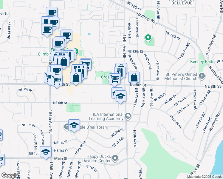 map of restaurants, bars, coffee shops, grocery stores, and more near 16060 Northeast 6th Street in Bellevue