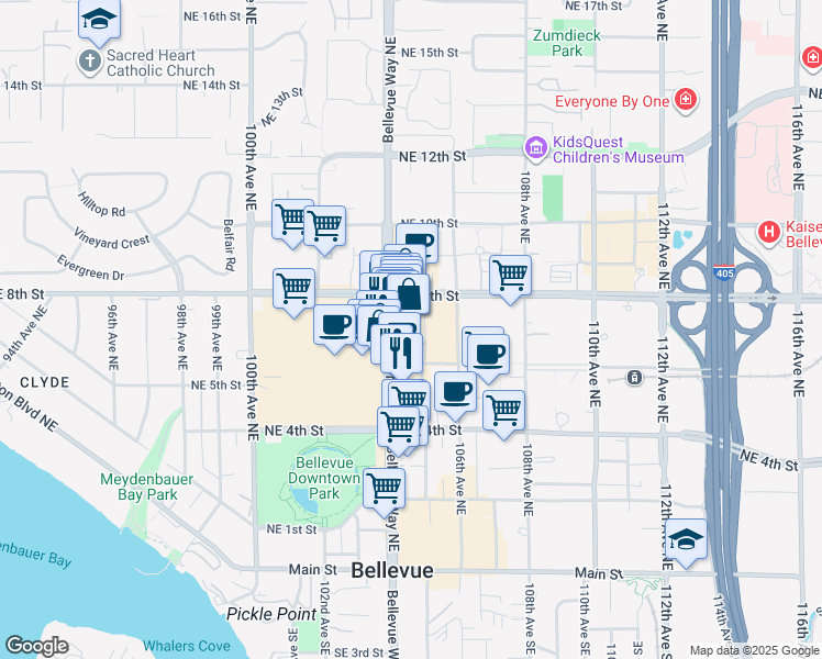 map of restaurants, bars, coffee shops, grocery stores, and more near in Bellevue