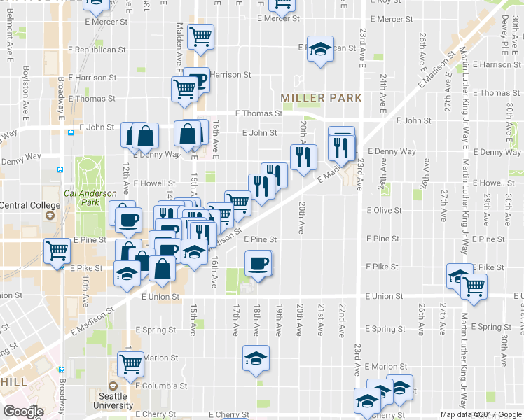 map of restaurants, bars, coffee shops, grocery stores, and more near 1622 18th Avenue in Seattle
