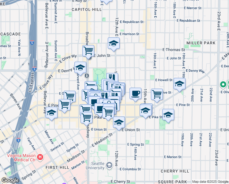 map of restaurants, bars, coffee shops, grocery stores, and more near in Seattle