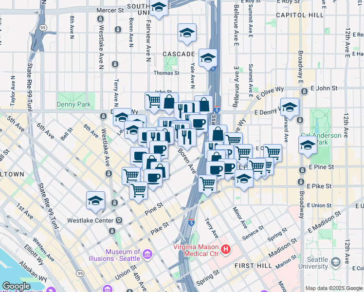 map of restaurants, bars, coffee shops, grocery stores, and more near 1812 Boren Avenue in Seattle