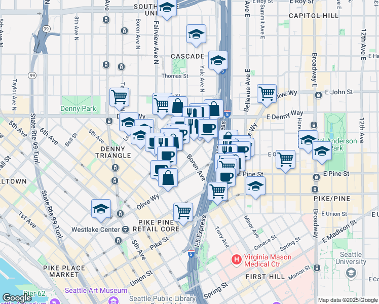 map of restaurants, bars, coffee shops, grocery stores, and more near in Seattle