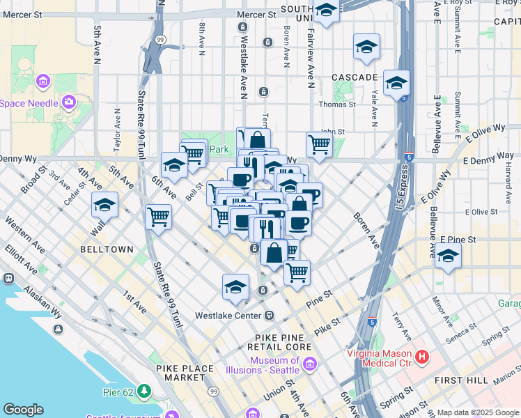 map of restaurants, bars, coffee shops, grocery stores, and more near 762 Virginia Street in Seattle