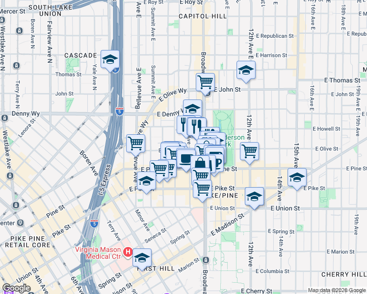 map of restaurants, bars, coffee shops, grocery stores, and more near 736 East Olive Street in Seattle