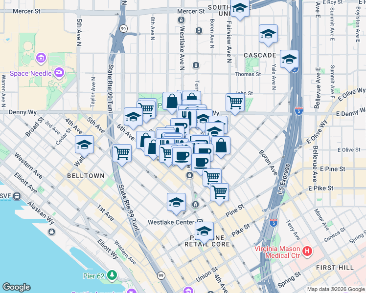 map of restaurants, bars, coffee shops, grocery stores, and more near 701 Lenora Street in Seattle